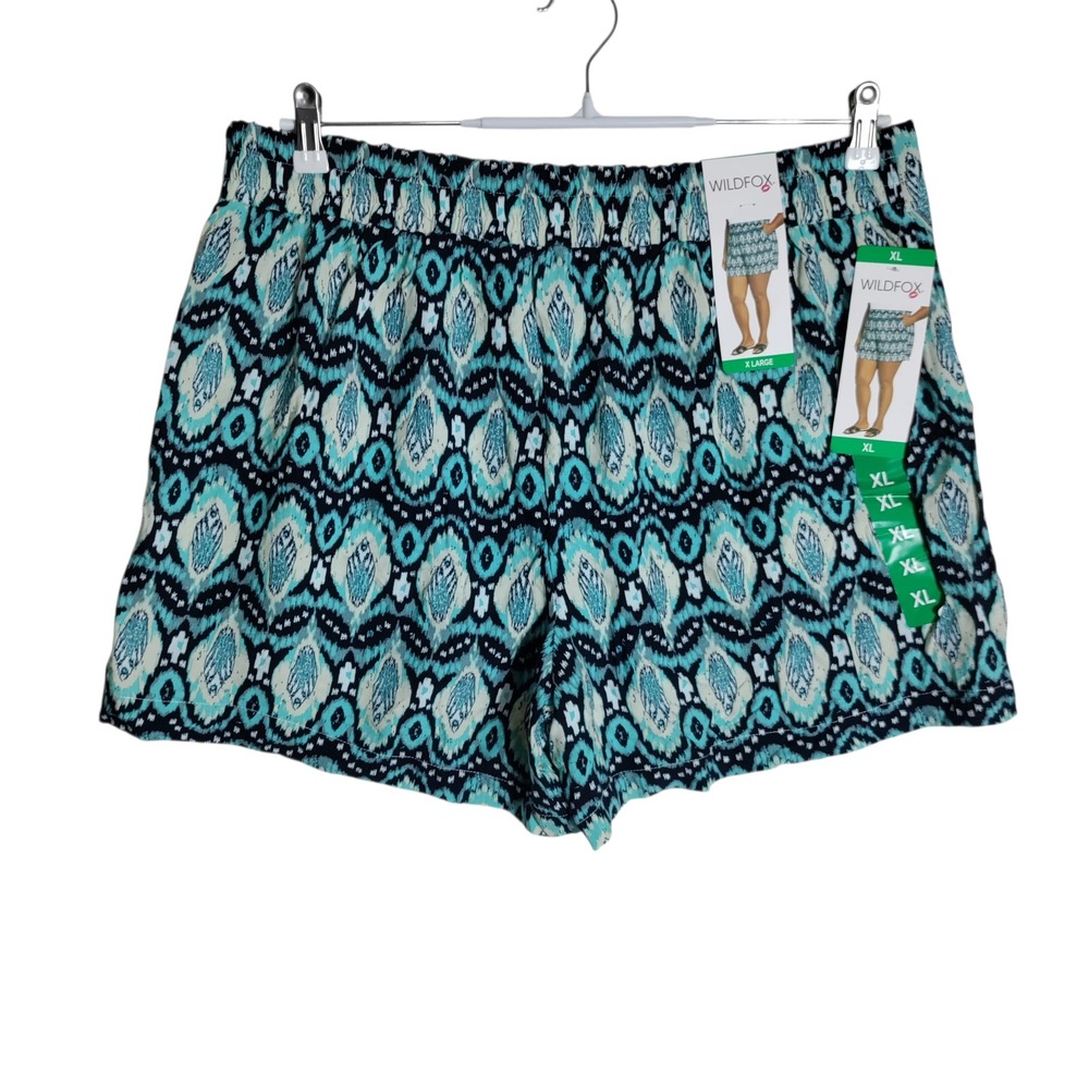 Wildfox Women‎ Teal Navy Ikat Geometric Print Rayon Shorts XL